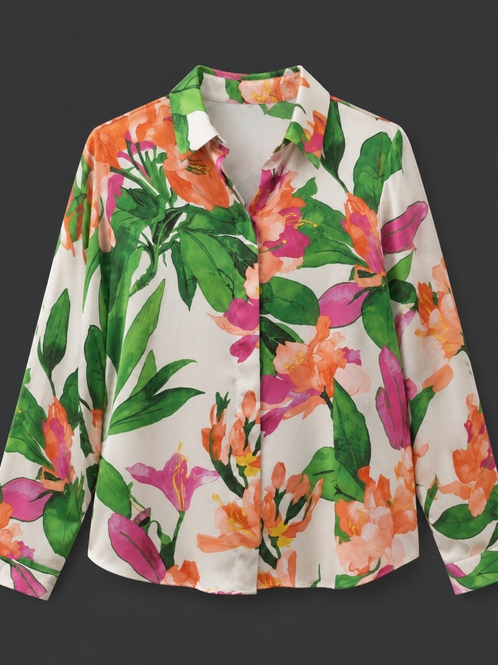 Zara White Floral Button-Down Shirt with Pink & Orange Blooms